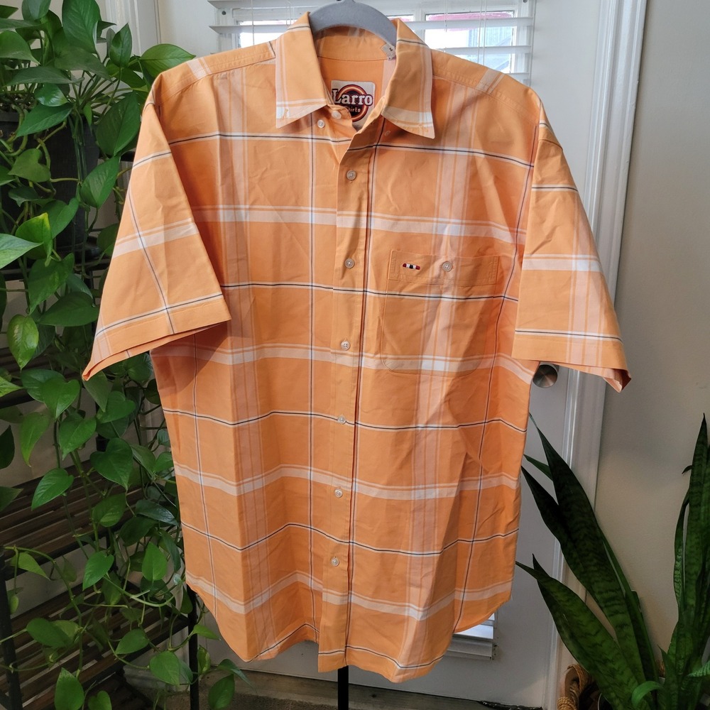 Larro Shirts Mens Medium Orange Plaid Short Sleeve Button Down Shirt Pocket